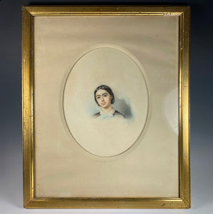 Antique French Portrait Miniature, Pastels, Listed Artist, c.1880 Beautiful Young Girl