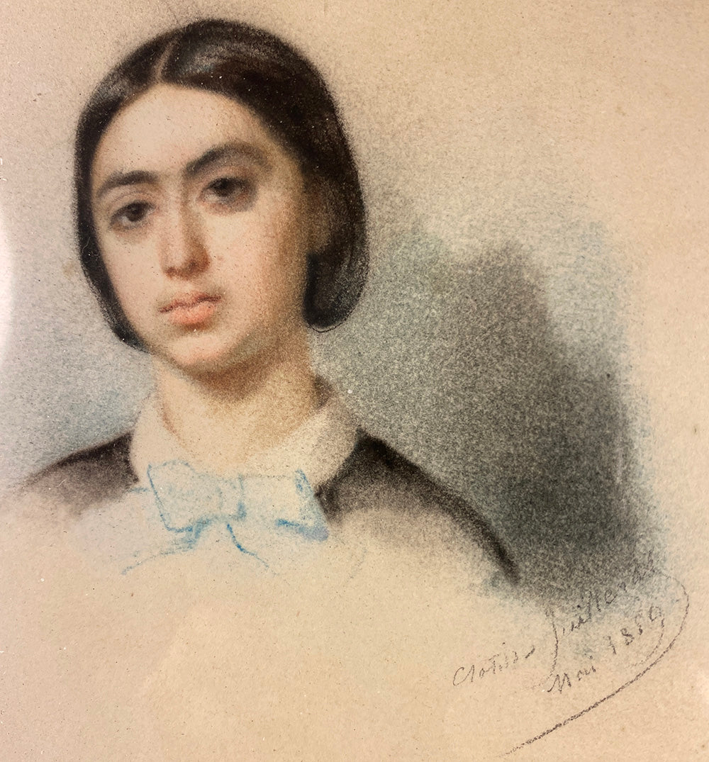 Antique French Portrait Miniature, Pastels, Listed Artist, c.1880 Beautiful Young Girl
