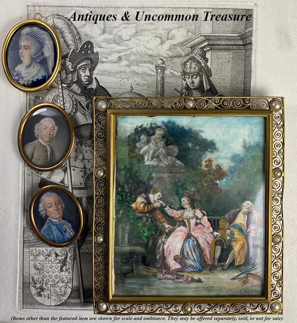 Antique French Grand Tour Souvenir Miniature Painting aprés Boucher, Romantic Era Portrait