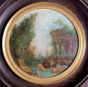 Pair: Miniature Oil Paintings, Landscapes w People, Charles X to Napoleon III Wood Frames