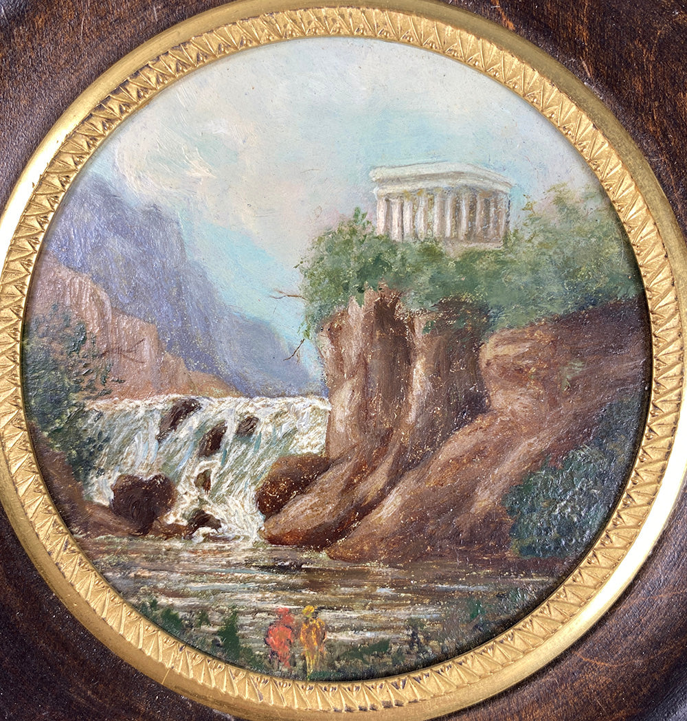 Pair: Miniature Oil Paintings, Landscapes w People, Charles X to Napoleon III Wood Frames
