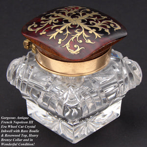 Superb Antique French Napoleon III Era Cut Crystal & Boulle Single Desk Top Inkwell