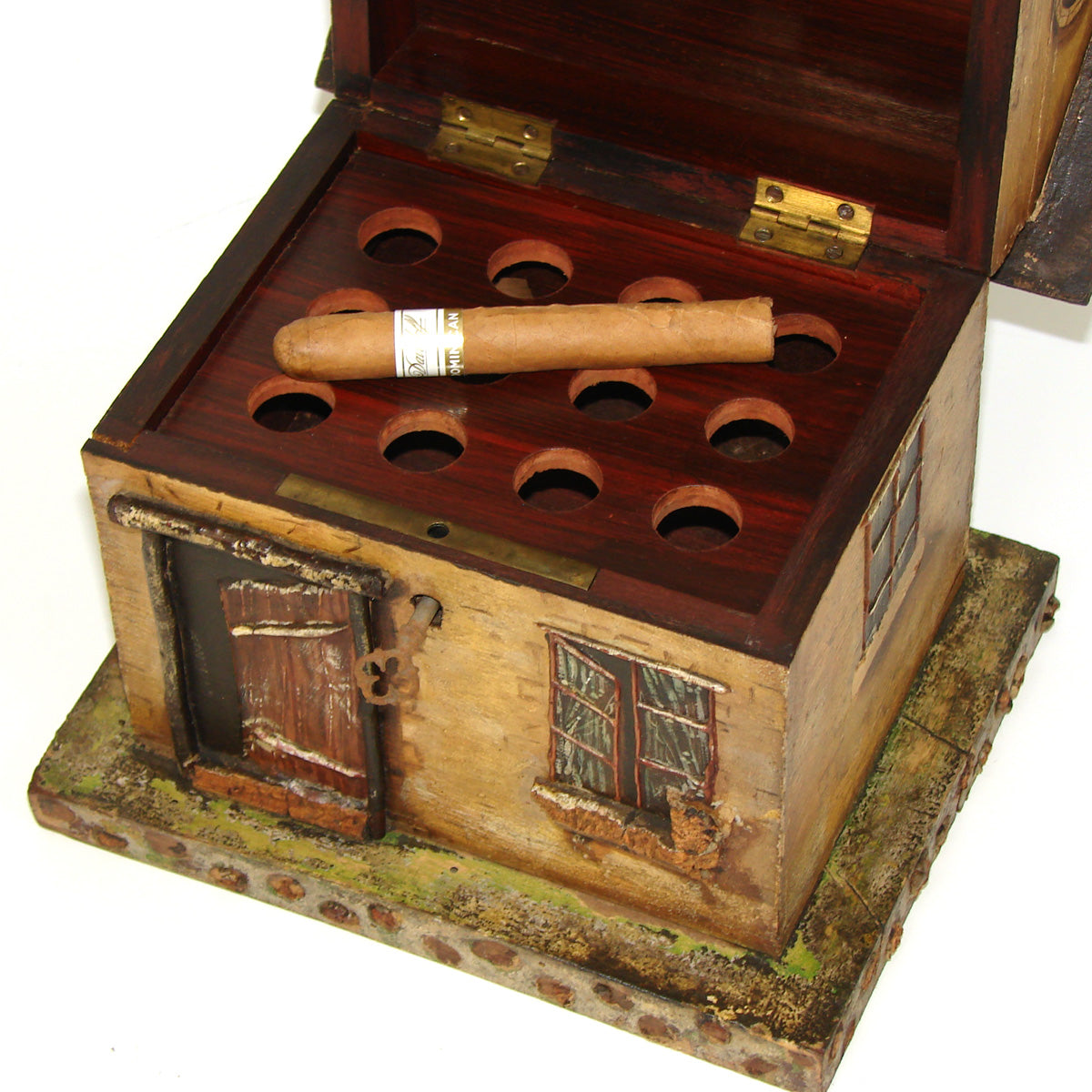 Rare Antique French Napoleon III Era Cigar Presenter, Box, a Hand Painted House or "Maison"