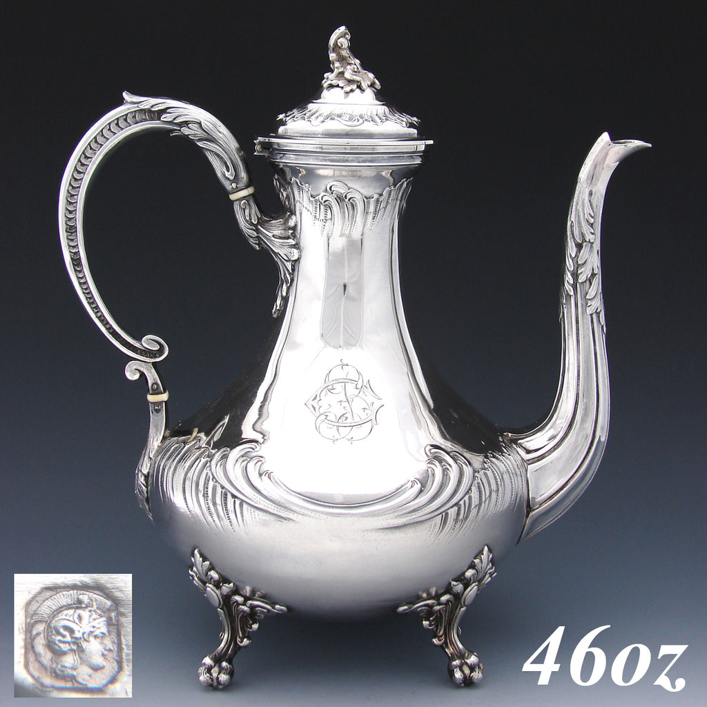 Gorgeous Antique French Sterling Silver 46oz Tea or Coffee Pot, Ornate Rococo Style