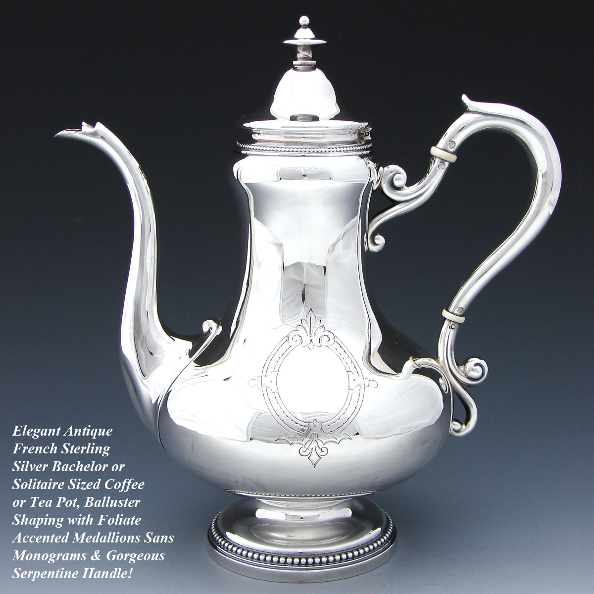 Elegant Antique French Sterling Silver Solitaire Sized Coffee or Tea Pot, Aesthetic Style