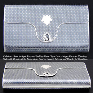 Rare Antique Russian .875 Silver 4.5" Cigar or Cheroot Case, Purse or Handbag Shape, Ornate Niello