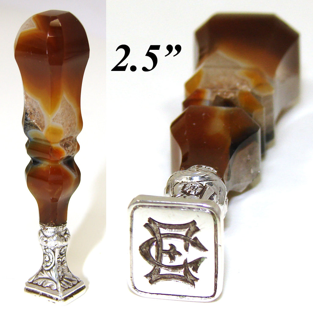 Marvelous Antique French Napoleon III Agate & Silver Writer's Wax Seal or Sceau, "EC"