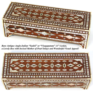 Rare Antique Anglo-Indian Sadeli Style 13" Desk or Document Box, Incised & Lac Filled Mother of Pearl Inlay