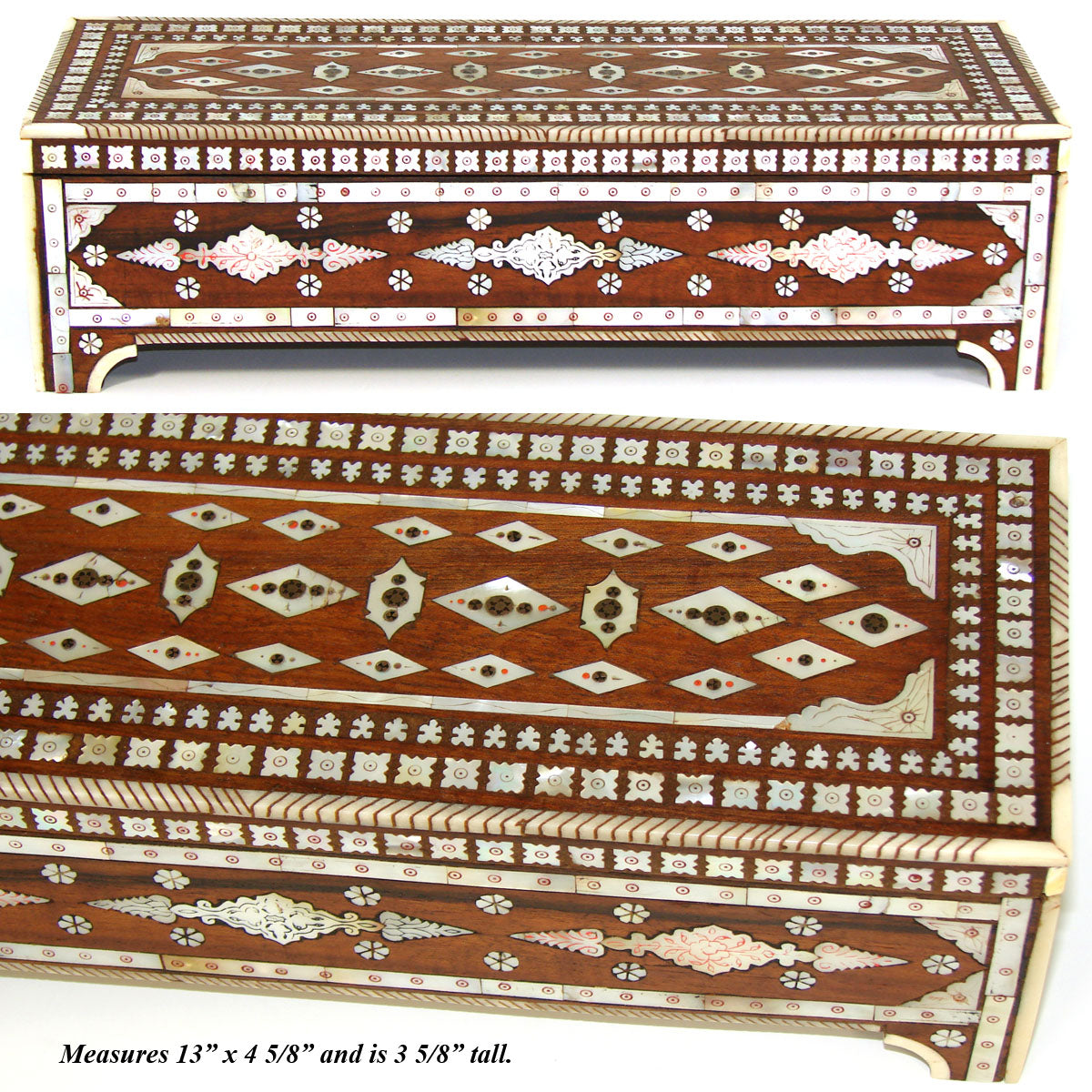 Rare Antique Anglo-Indian Sadeli Style 13" Desk or Document Box, Incised & Lac Filled Mother of Pearl Inlay