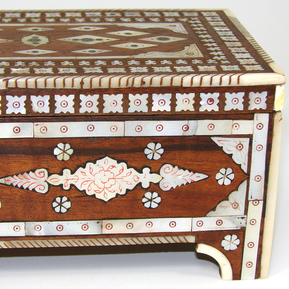 Rare Antique Anglo-Indian Sadeli Style 13" Desk or Document Box, Incised & Lac Filled Mother of Pearl Inlay