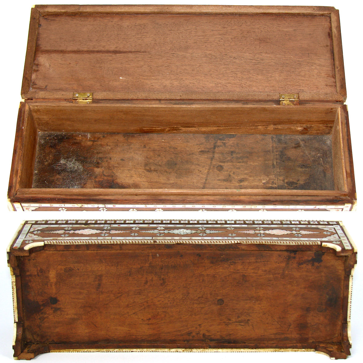 Rare Antique Anglo-Indian Sadeli Style 13" Desk or Document Box, Incised & Lac Filled Mother of Pearl Inlay