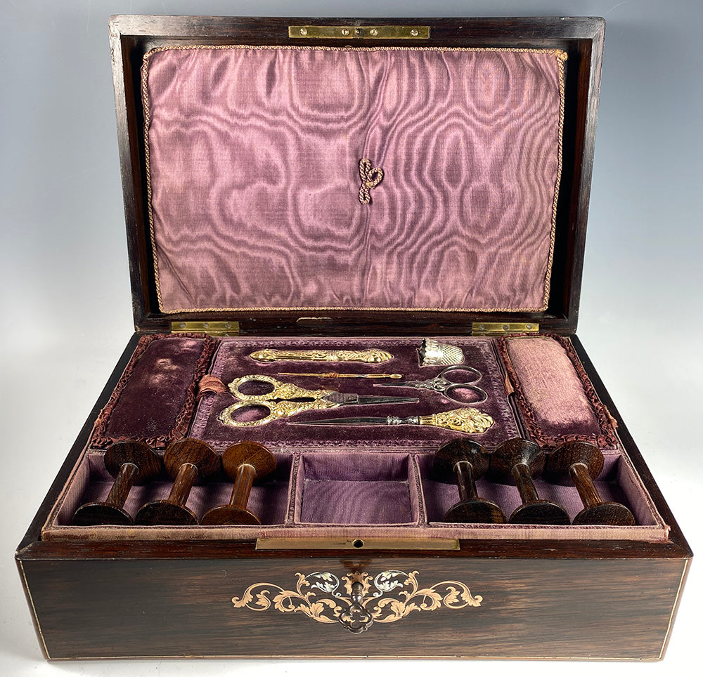 Antique French Boulle Sewing Box, Tools, Vermeil 18k over .800/1000 Silver, Almost Sterling