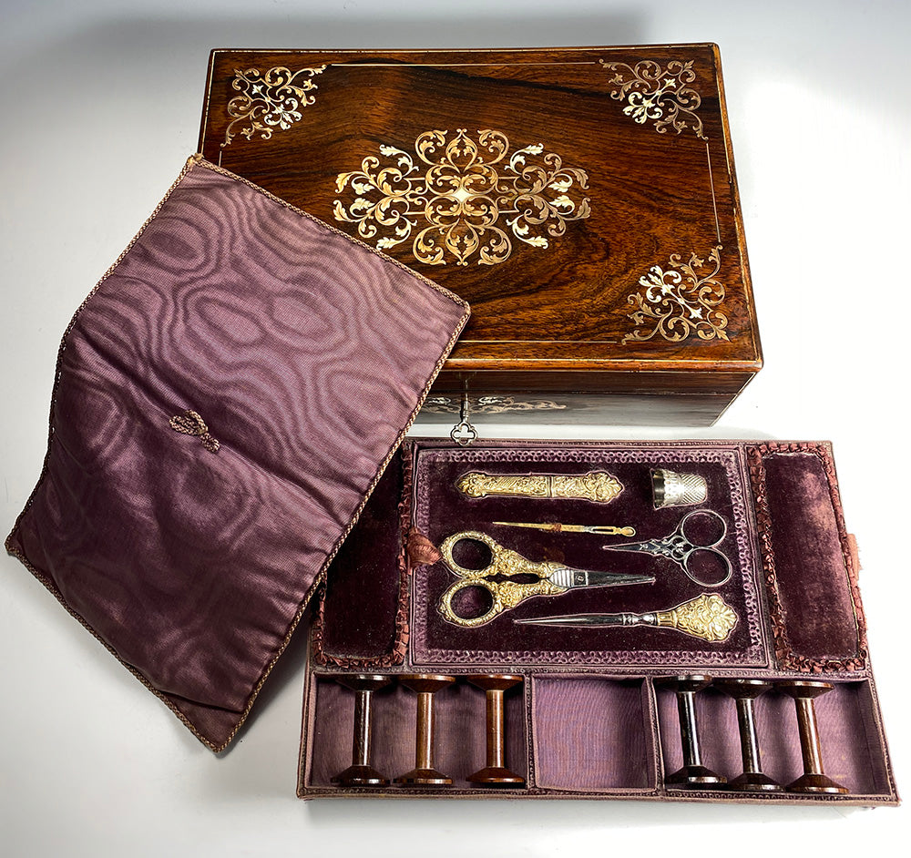 Antique French Boulle Sewing Box, Tools, Vermeil 18k over .800/1000 Silver, Almost Sterling