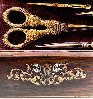 Antique French Boulle Sewing Box, Tools, Vermeil 18k over .800/1000 Silver, Almost Sterling