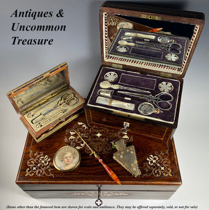 Antique French Boulle Sewing Box, Tools, Vermeil 18k over .800/1000 Silver, Almost Sterling