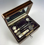 Antique French Palais Royal Sewing Set, Box, 18k Gold and Mother of Pearl, Perfume Bottle