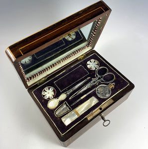 Antique French Palais Royal Sewing Set, Box, 18k Gold and Mother of Pearl, Perfume Bottle