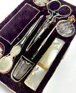 Antique French Palais Royal Sewing Set, Box, 18k Gold and Mother of Pearl, Perfume Bottle