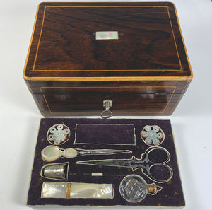 Antique French Palais Royal Sewing Set, Box, 18k Gold and Mother of Pearl, Perfume Bottle