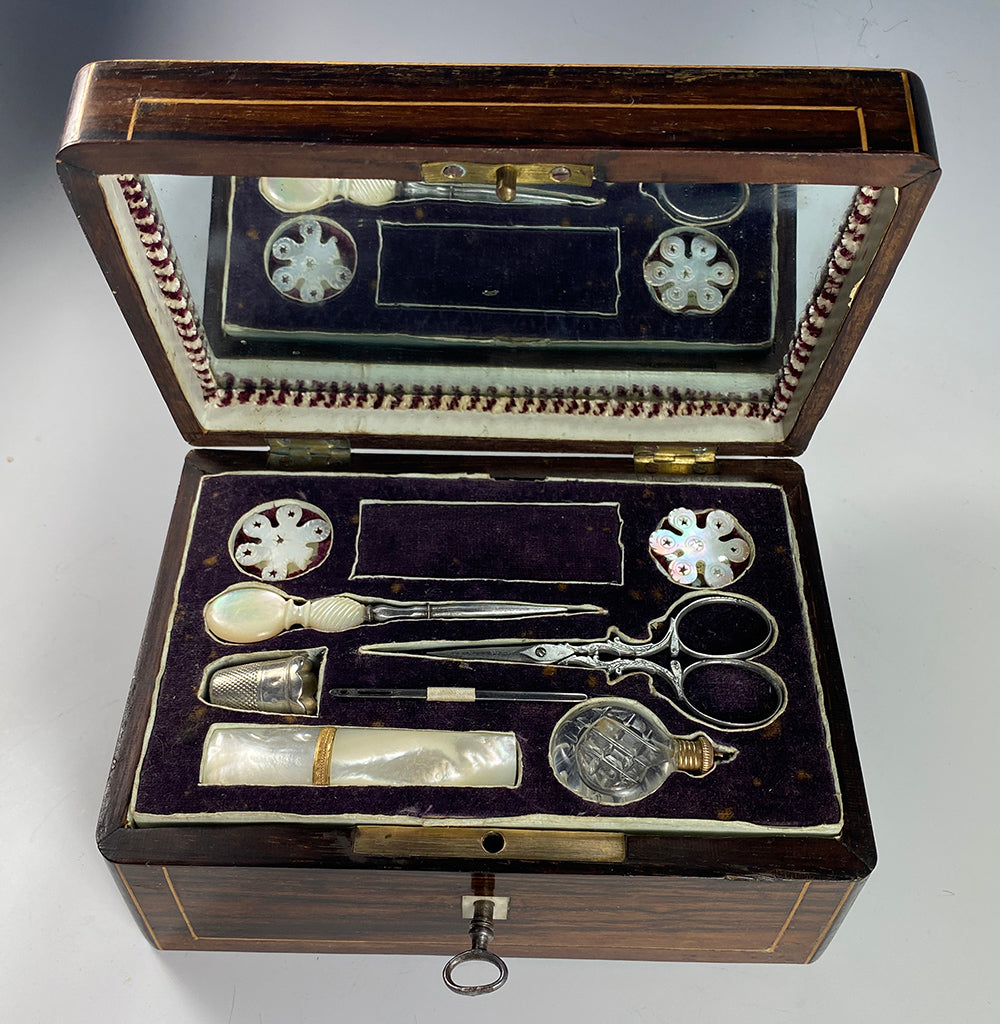 Antique French Palais Royal Sewing Set, Box, 18k Gold and Mother of Pearl, Perfume Bottle