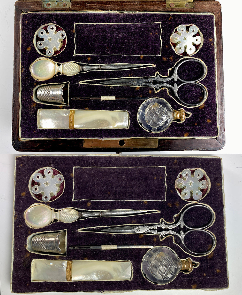 Antique French Palais Royal Sewing Set, Box, 18k Gold and Mother of Pearl, Perfume Bottle