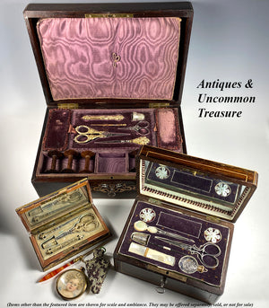 Antique French Palais Royal Sewing Set, Box, 18k Gold and Mother of Pearl, Perfume Bottle