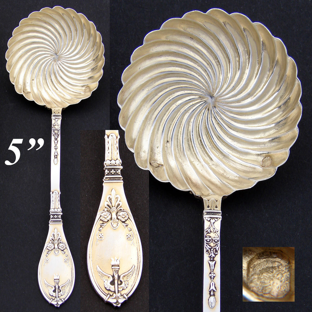 Elegant Antique French Vermeil Sterling Silver 4.75" Condiment or Hors d'Oeuvre Spoon, Empire