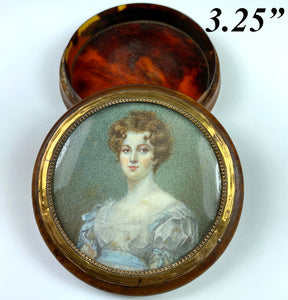 antique French Portrait Miniature Painting, Beauty on Elegant Table Snuff Box