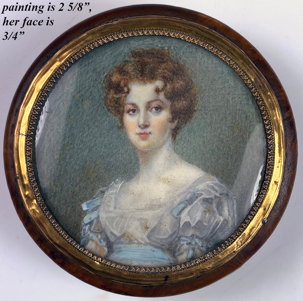 antique French Portrait Miniature Painting, Beauty on Elegant Table Snuff Box