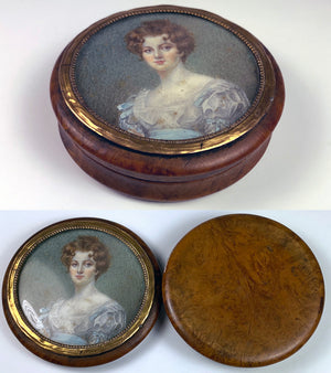 antique French Portrait Miniature Painting, Beauty on Elegant Table Snuff Box