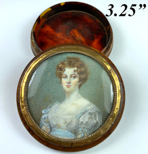 antique French Portrait Miniature Painting, Beauty on Elegant Table Snuff Box