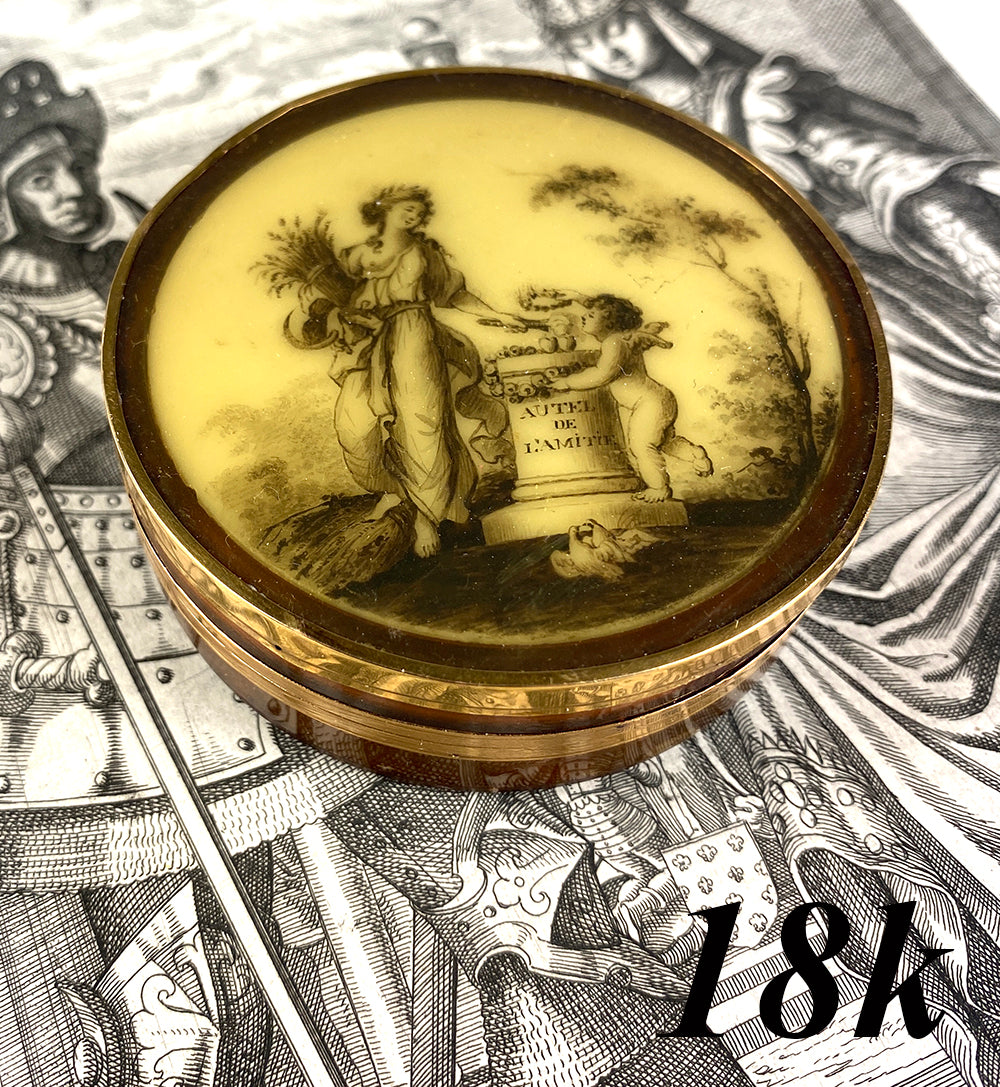 Antique c.1700s Blond Tortoise Shell, 18k Gold and Portrait Miniature Snuff Box, Psyche, Cupid