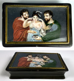 Antique French or Italian Table Snuff, Tortoise Shell and Portrait Miniature, a Naughty Courting Scene