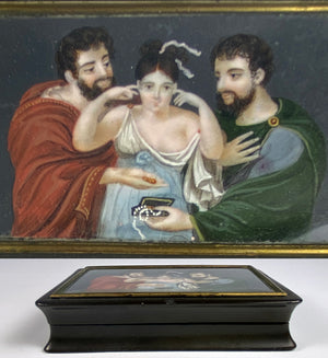 Antique French or Italian Table Snuff, Tortoise Shell and Portrait Miniature, a Naughty Courting Scene