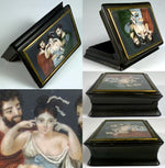 Antique French or Italian Table Snuff, Tortoise Shell and Portrait Miniature, a Naughty Courting Scene