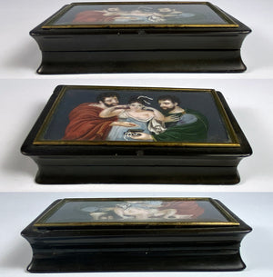 Antique French or Italian Table Snuff, Tortoise Shell and Portrait Miniature, a Naughty Courting Scene