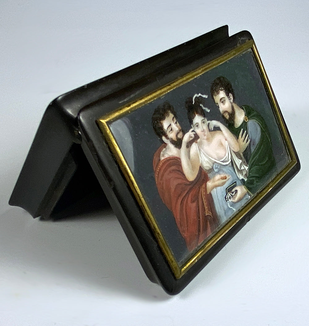 Antique French or Italian Table Snuff, Tortoise Shell and Portrait Miniature, a Naughty Courting Scene