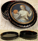 Antique French Snuff Box, Tortoise Shell, Silver, Gold Pique, Portrait Miniature Psyche and Cupid