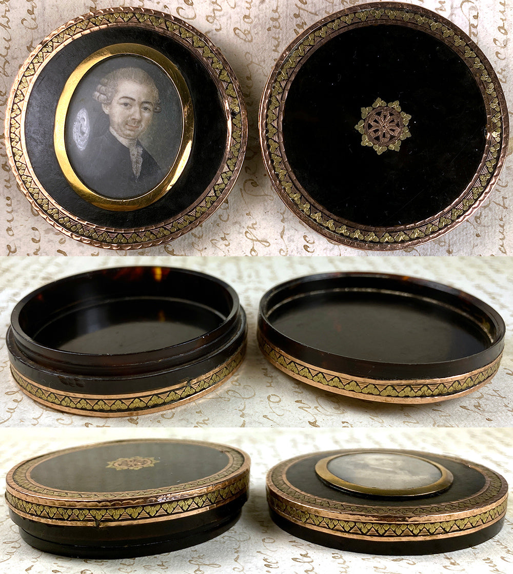 Antique c.1750 Portrait Miniature Snuff Box, 12k Yellow and Rose Gold on Tortoise Shell