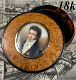 Superb c.1830 French Portrait Miniature Snuff Box, 18k Most Handsome Man, Excellent!