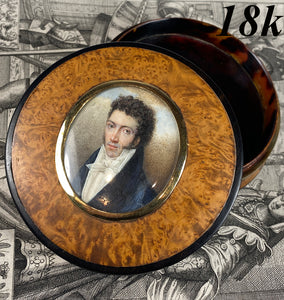 Superb c.1830 French Portrait Miniature Snuff Box, 18k Most Handsome Man, Excellent!