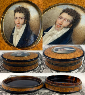 Superb c.1830 French Portrait Miniature Snuff Box, 18k Most Handsome Man, Excellent!