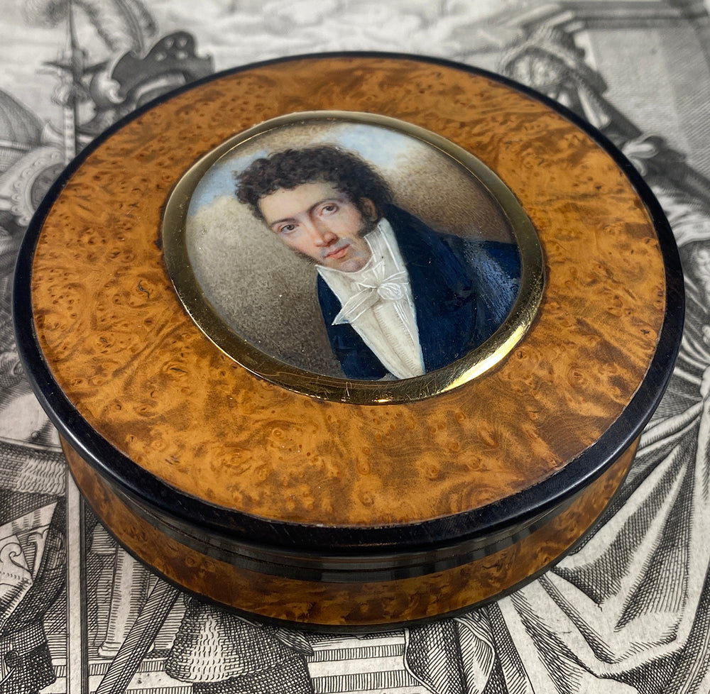 Superb c.1830 French Portrait Miniature Snuff Box, 18k Most Handsome Man, Excellent!