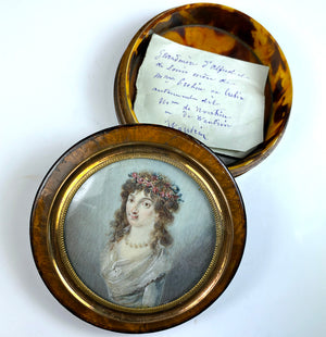 Antique French ID'd Portrait Miniature, Woman with Flower Tiara, Snuff Box c.1780s