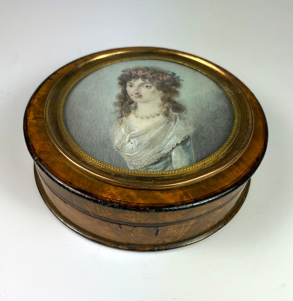 Antique French ID'd Portrait Miniature, Woman with Flower Tiara, Snuff Box c.1780s