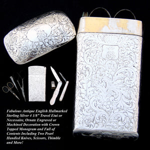 Antique Sterling Silver 4" Travel or Sewing Etui, Necessaire, Pearl Knives, Crown Topped Monogram, Silversmith: Arthur Pittar, Lattey & Co., Calcutta, India; 1835-1842