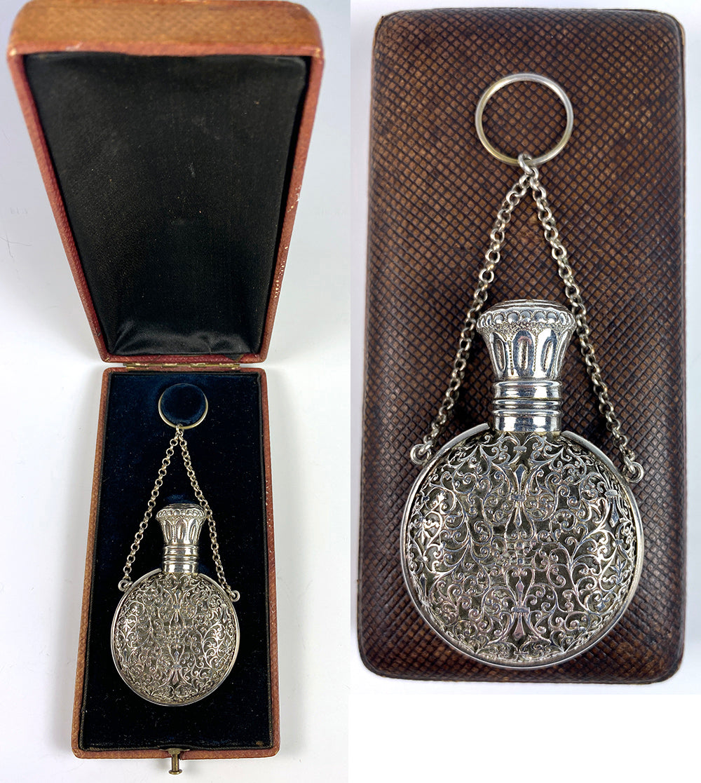 Antique 19th Century Chatelaine Scent or Perfume Bottle, Flask in Original Box