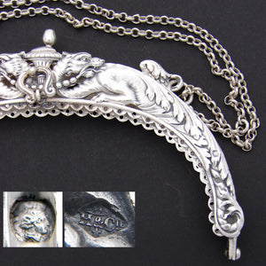 Rare Antique French Hallmarked 800 (nearly sterling) Silver 6.25" Purse or Hand Bag Frame, Figural Winged Griffins