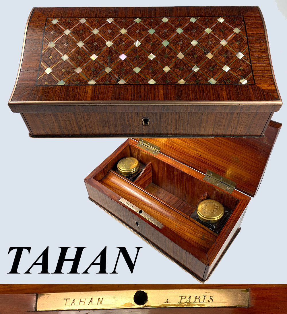 Opulent Antique TAHAN, Paris, Kingwood Desk Box w Double Inkwells, Pen Tray