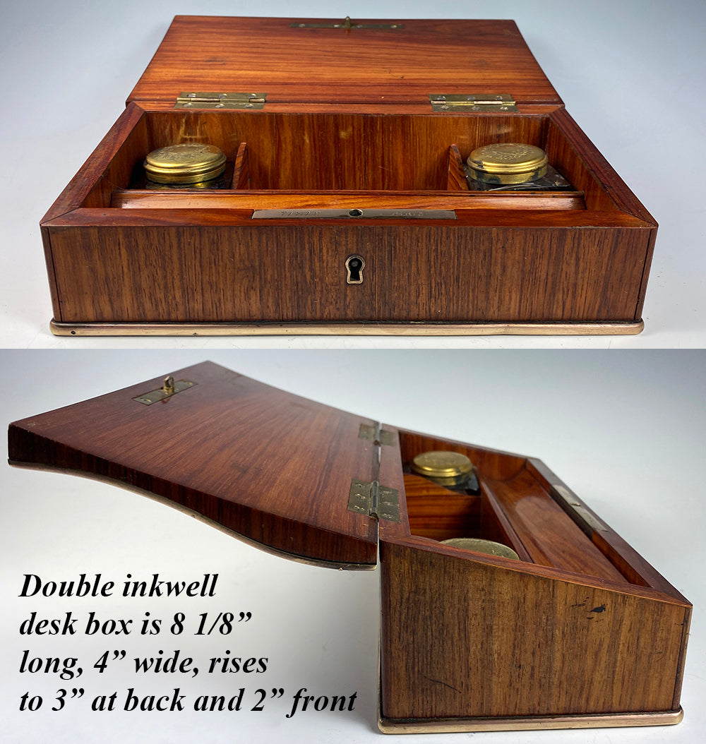 Opulent Antique TAHAN, Paris, Kingwood Desk Box w Double Inkwells, Pen Tray